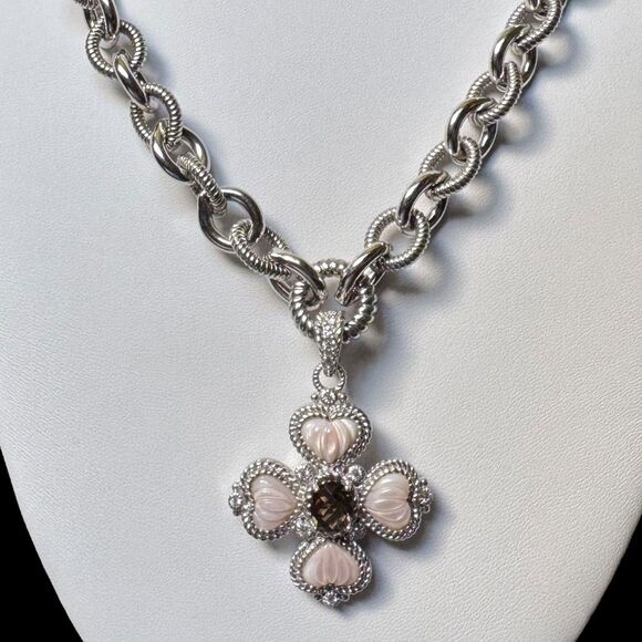 Judith Ripka 925 Silver Pink MOP Heart + CZ Maltese Cross Pendant Chain Necklace - Picture 4 of 17